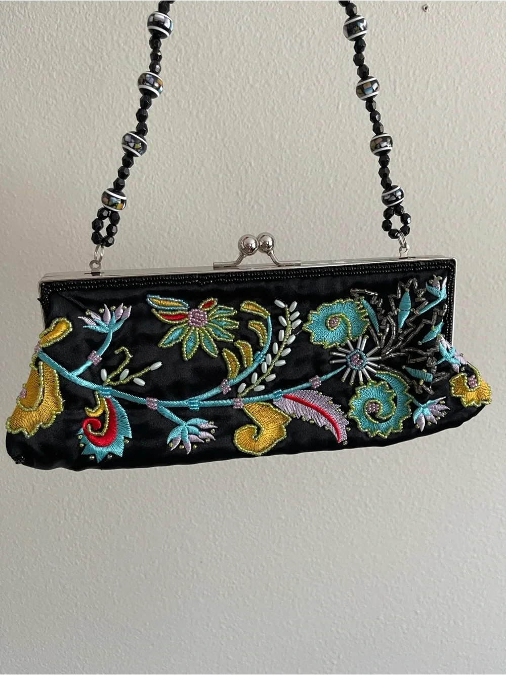 Chateau Black Satin Floral Embroidered Beaded-Handle Clutch